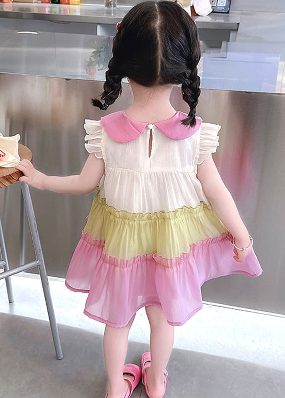 Fashion Pink Ruffled Patchwork Cotton Kids Vacation Mid Dress Sleeveless