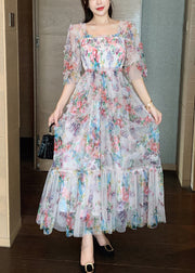 Fashion Pink Ruffled Patchwork Print Tulle Holiday Dress Summer