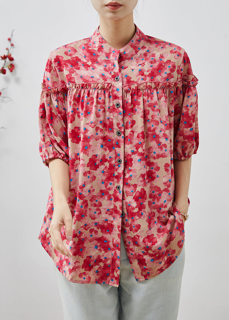 Fashion Pink Ruffled Print Chiffon Shirts Summer