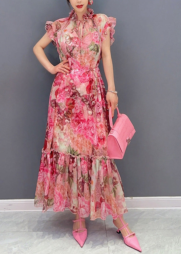 Fashion Pink Ruffled Print Patchwork Dress Sets 2 Pieces Summer