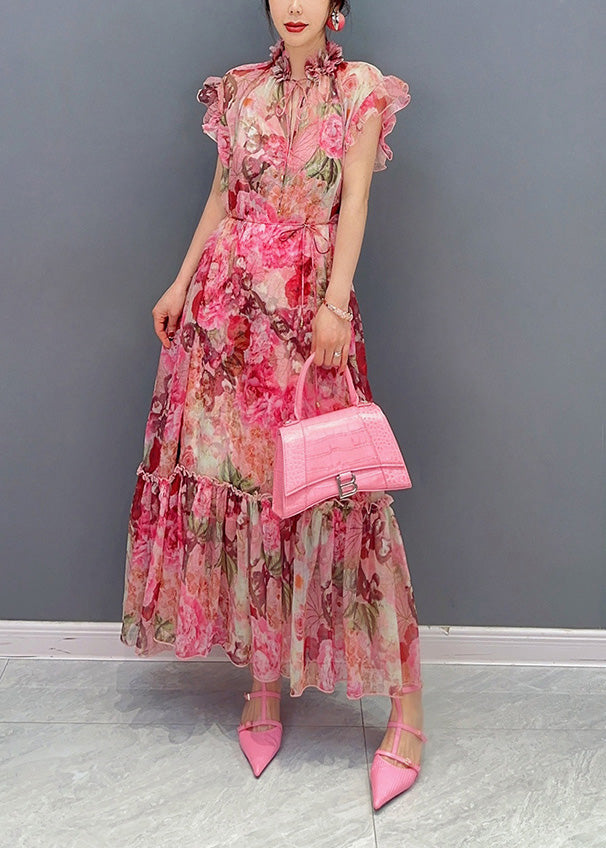 Fashion Pink Ruffled Print Patchwork Dress Sets 2 Pieces Summer