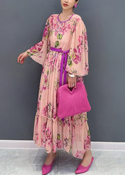 Fashion Pink Ruffled Print Tie Waist Chiffon Dress Flare Sleeve