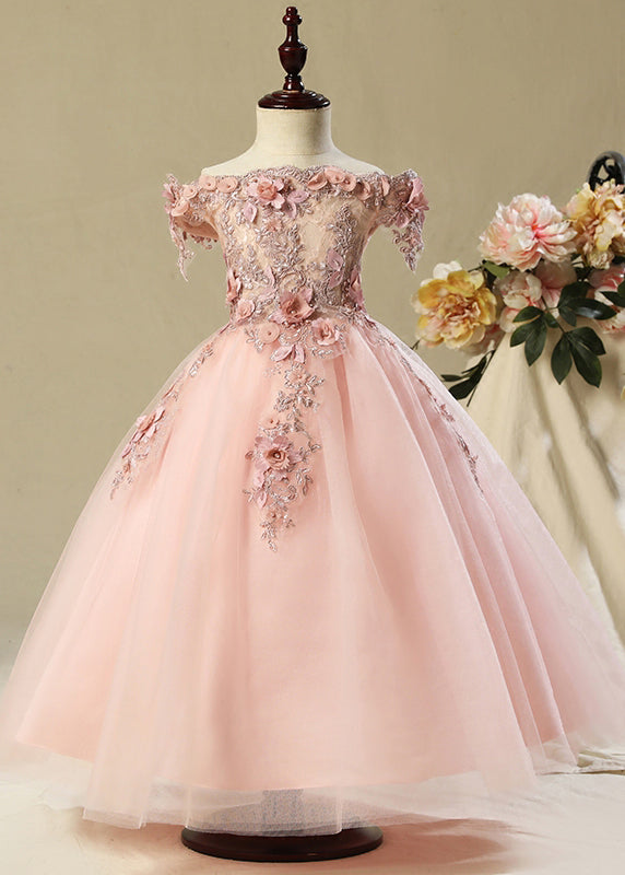 Fashion Pink Slash Neck Floral Tulle Kids Long Dress Sleeveless