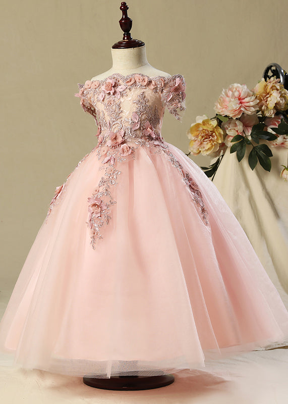 Fashion Pink Slash Neck Floral Tulle Kids Long Dress Sleeveless