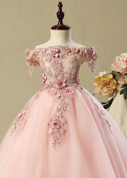 Fashion Pink Slash Neck Floral Tulle Kids Long Dress Sleeveless