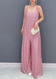 Fashion Pink Slash Neck Sequins Spaghetti Strap Jumpsuit Summer