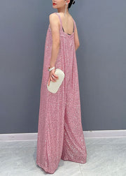 Fashion Pink Slash Neck Sequins Spaghetti Strap Jumpsuit Summer