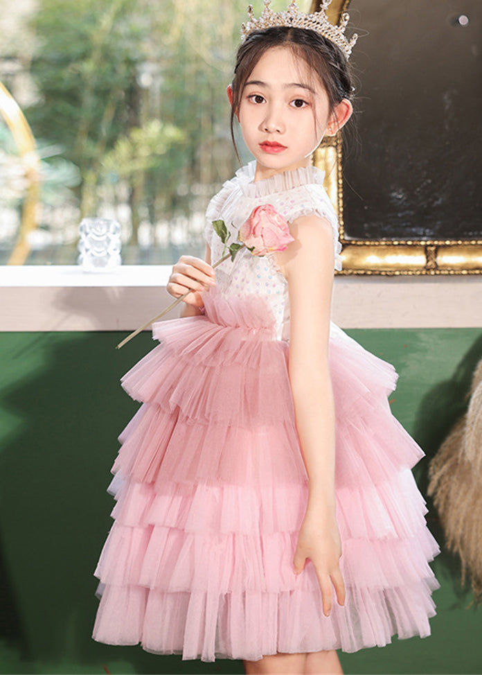 Fashion Pink Stand Collar Dot Patchwork Tulle Girls Dress Sleeveless