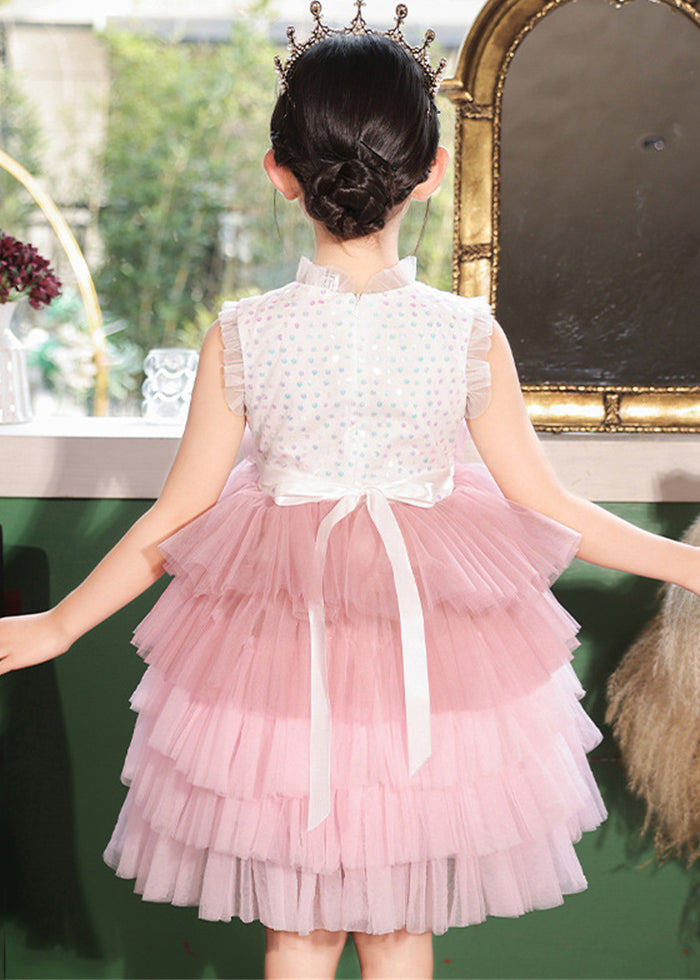 Fashion Pink Stand Collar Dot Patchwork Tulle Girls Dress Sleeveless
