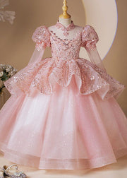 Fashion Pink Stand Collar Patchwork Tulle Girls Long Dress Long Sleeve