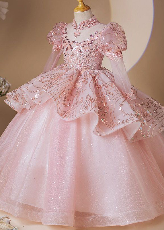 Fashion Pink Stand Collar Patchwork Tulle Girls Long Dress Long Sleeve