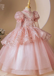 Fashion Pink Stand Collar Patchwork Tulle Girls Long Dress Long Sleeve