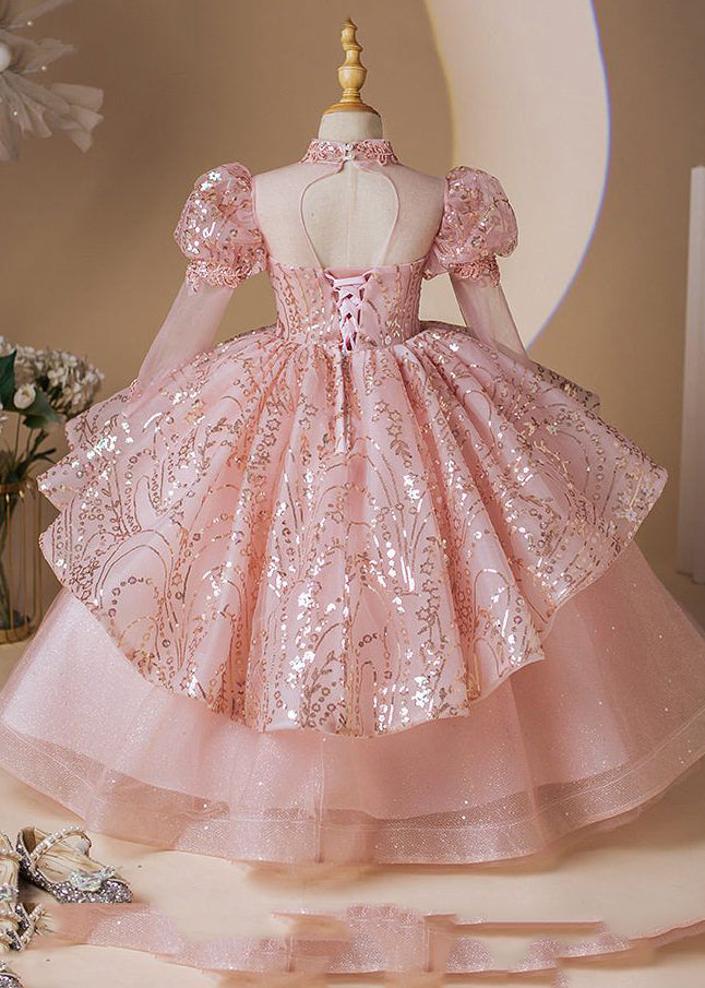 Fashion Pink Stand Collar Patchwork Tulle Girls Long Dress Long Sleeve