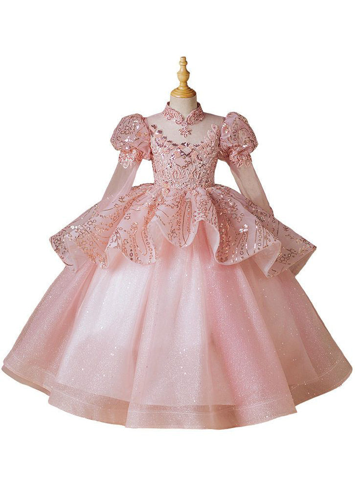 Fashion Pink Stand Collar Patchwork Tulle Girls Long Dress Long Sleeve