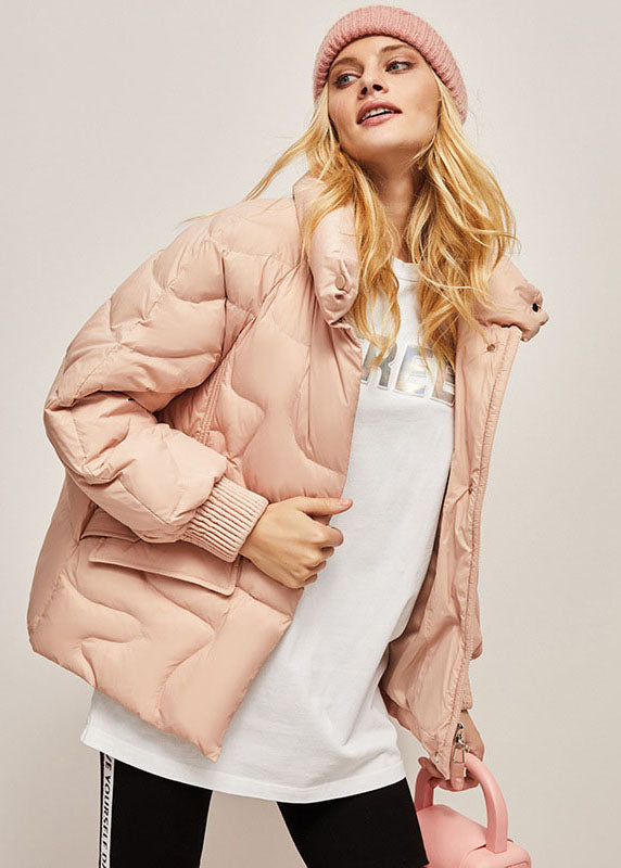 Fashion Pink Stand Collar Zippered Lazy Duck Down Down Coats Winter