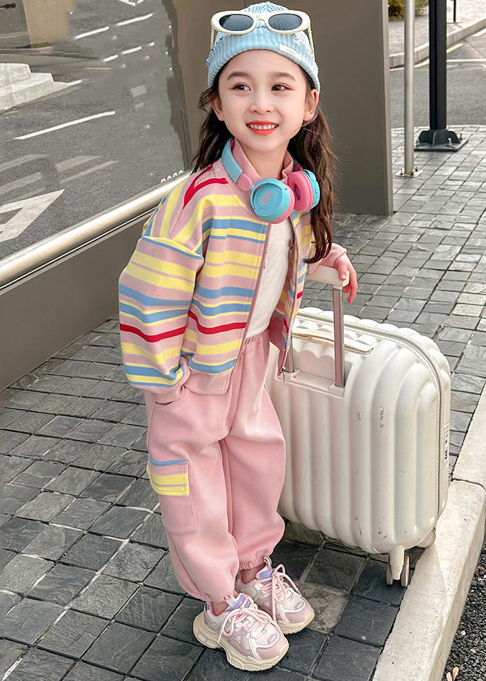 Fashion Pink Striped Zippered Kids Top And Pants Two Pieces Set Spring