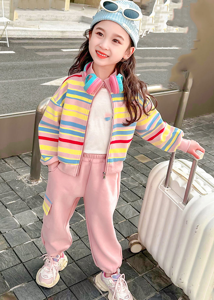 Fashion Pink Striped Zippered Kids Top And Pants Two Pieces Set Spring