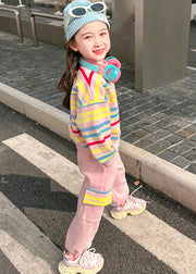 Fashion Pink Striped Zippered Kids Top And Pants Two Pieces Set Spring