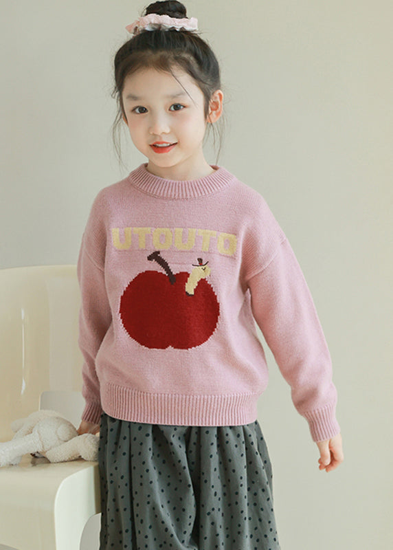 Fashion Pink Thick Patchwork Cotton Knit Kids Sweaters Spring