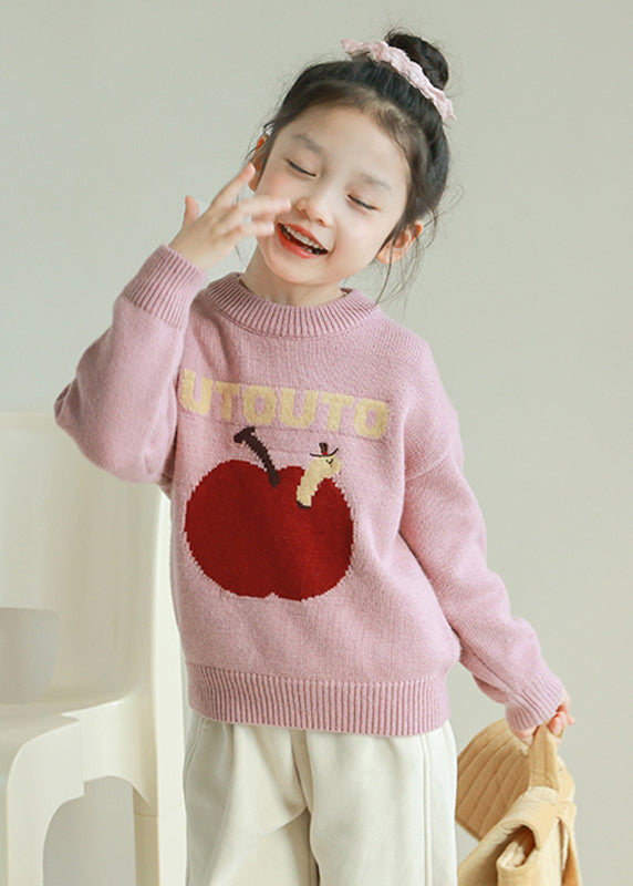 Fashion Pink Thick Patchwork Cotton Knit Kids Sweaters Spring