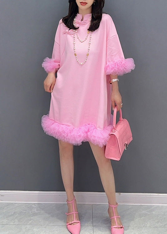 Fashion Pink Tulle Patchwork Solid Mid Dresses Summer