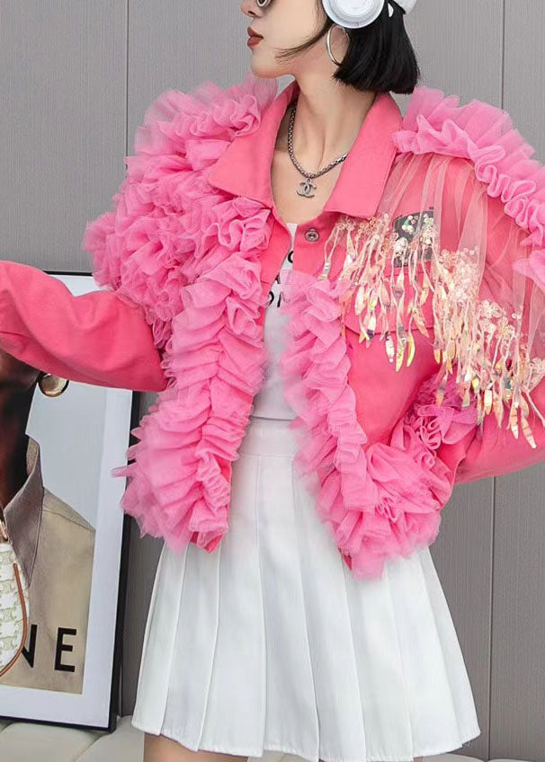 Fashion Pink Tulle Ruffled Tasseled Patchwork Denim Jackets Spring