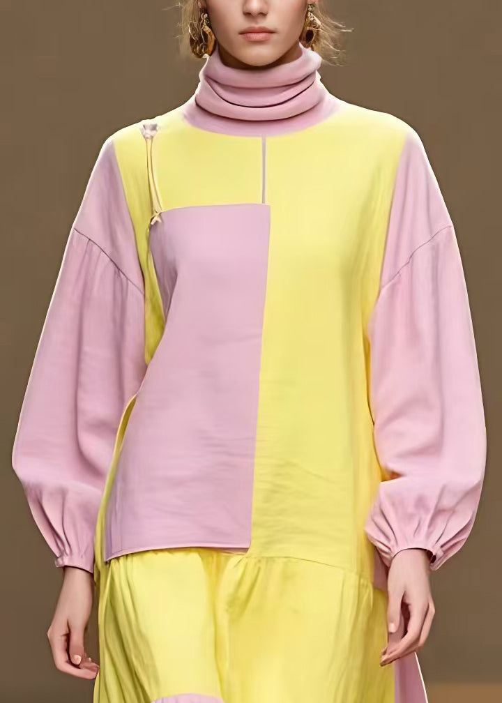 Fashion Pink Turtleneck Patchwork Cotton Dress Fall