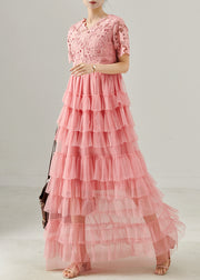 Fashion Pink V Neck Patchwork Tulle Long Dress Summer