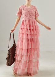 Fashion Pink V Neck Patchwork Tulle Long Dress Summer