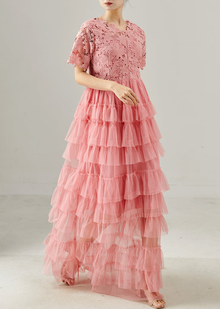 Fashion Pink V Neck Patchwork Tulle Long Dress Summer