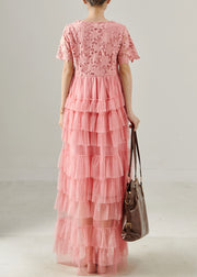 Fashion Pink V Neck Patchwork Tulle Long Dress Summer