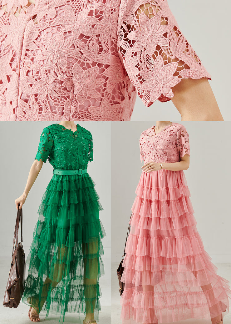 Fashion Pink V Neck Patchwork Tulle Long Dress Summer