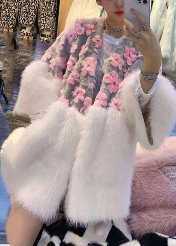 Fashion Pink V Neck Pockets Patchwork Fuzzy Fur Fluffy Coat Winter