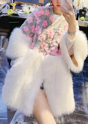 Fashion Pink V Neck Pockets Patchwork Fuzzy Fur Fluffy Coat Winter