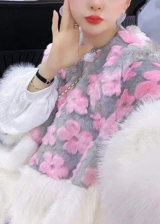 Fashion Pink V Neck Pockets Patchwork Fuzzy Fur Fluffy Coat Winter