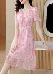 Fashion Pink V Neck Ruffled Print Chiffon Dress Summer