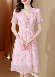 Fashion Pink V Neck Ruffled Print Chiffon Dress Summer