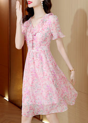Fashion Pink V Neck Ruffled Print Chiffon Dress Summer