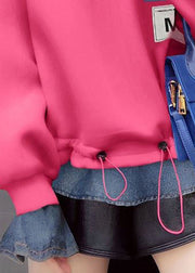 Fashion Pink drawstring Peter Pan Collar denim Patchwork Sweatshirts Top Spring