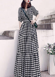 Fashion Plaid V Neck High Waist Patchwork Cotton Long Dresses Summer