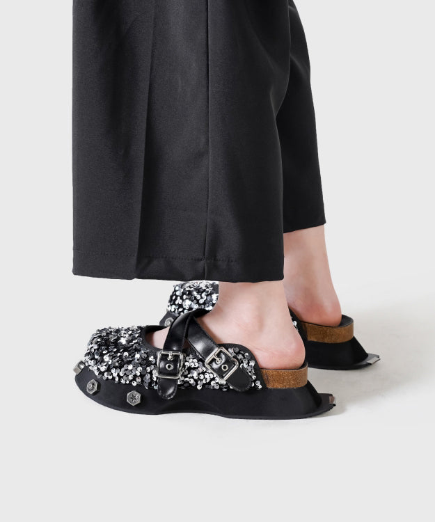 Fashion Platform Slide Sandals Black Cowhide Leather Sequins