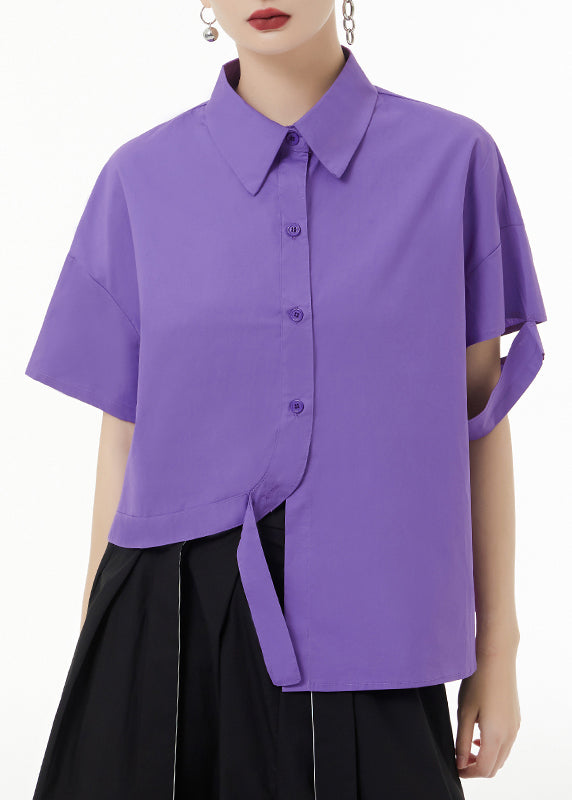 Fashion Purple Asymmetrical Button Patchwork Cotton Shirt Top Short Sleeve