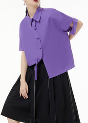 Fashion Purple Asymmetrical Button Patchwork Cotton Shirt Top Short Sleeve