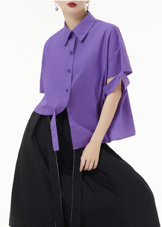 Fashion Purple Asymmetrical Button Patchwork Cotton Shirt Top Short Sleeve