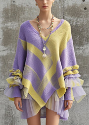 Fashion Purple Asymmetrical Patchwork Tulle Knitwear Dress Fall