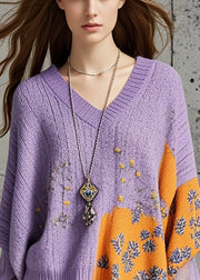 Fashion Purple Asymmetrical Print Knit Loose Sweater Fall