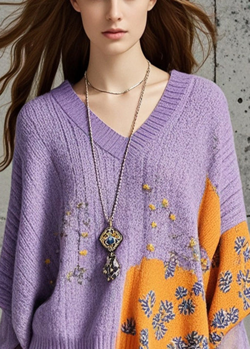 Fashion Purple Asymmetrical Print Knit Loose Sweater Fall