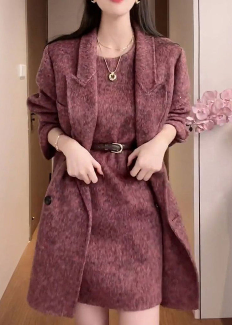 Fashion Purple Coat And Dress Woolen 2 Piece Outfit Winter