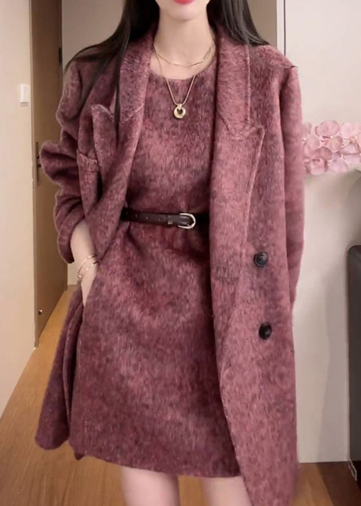 Fashion Purple Coat And Dress Woolen 2 Piece Outfit Winter