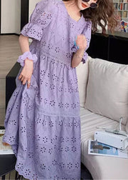 Fashion Purple Embroideried Hollow Out Patchwork Cotton Dress Puff Sleeve